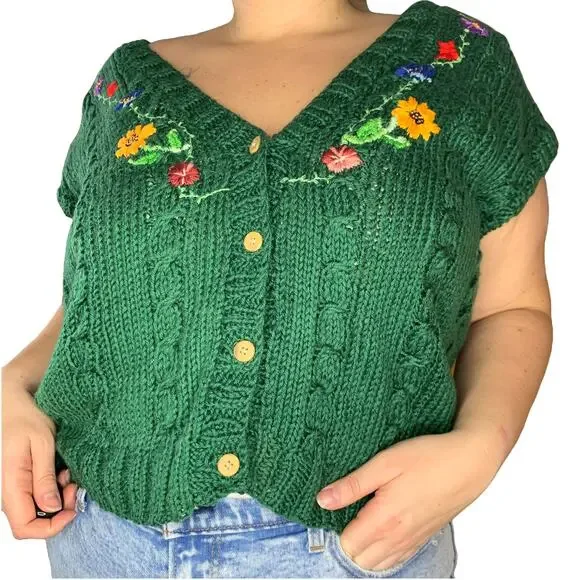 Green Floral Cable Knit Sweater Vest Cardigan Jumper Cottage Garden - Picture 2 of 3